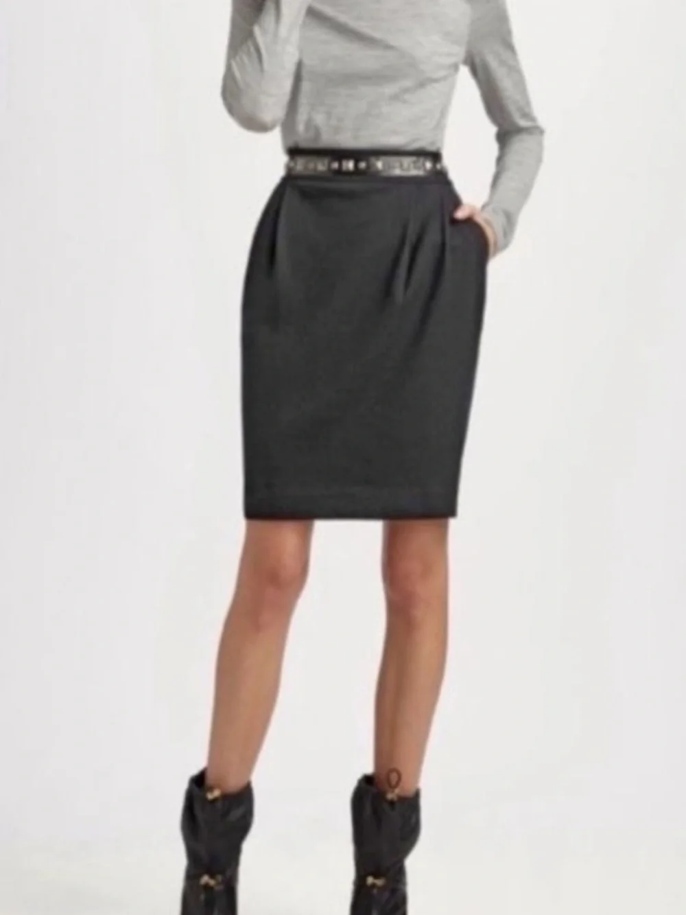 Tory Burch Black Wool Pencil Skirt Studded Waist Leather Trim Pockets Size Large
